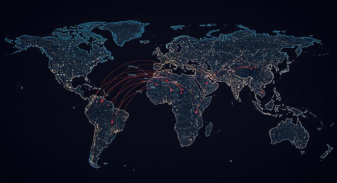 Digital world map showing connections and global data network - Powered by Adobe