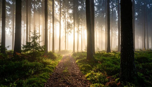Misty forest path bathed in sunlight