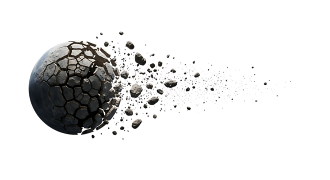 Fragmenting Planet Earth with Cracks and Debris Flying Off Isolated space cosmos cutout PNG isolated on a transparent background