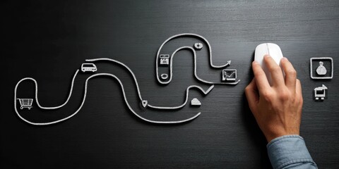 A winding path of online shopping, depicted by a hand holding a mouse over a complex route with icons representing various stages of e-commerce
