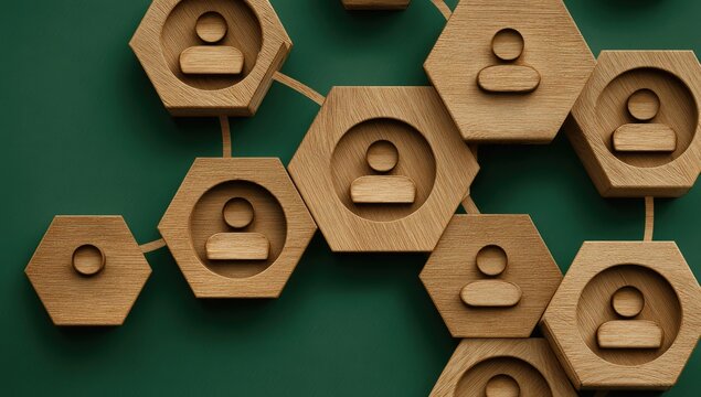 Connected wooden hexagons, each with a person icon, forming a network