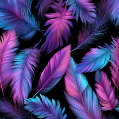 Fototapeta premium Vibrant, abstract feathers in a variety of neon colors on a black background
