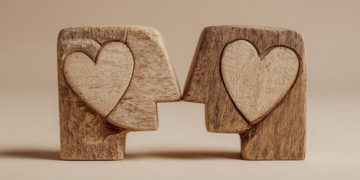 Two wooden carved figures, light beige,  embrace,  hearts in profile - Powered by Adobe