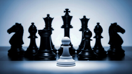 Courage and Challenge: White Pawn Standing Alone Against a Dark Chess Piece Army