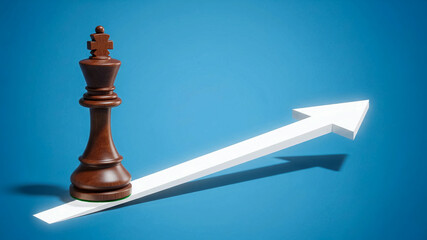 Strategic Growth: Chess King Standing on a White Arrow Moving Upward on a Blue Background