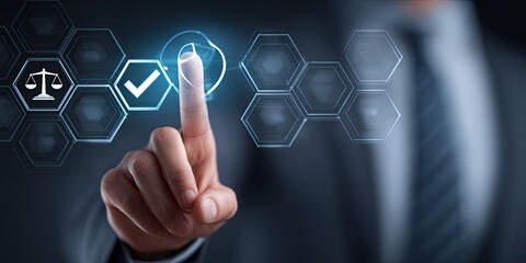 A hand touches a digital interface, selecting an option.  A series of hexagonal icons are displayed, including a balance scale and a checkmark.  Business attire is visible