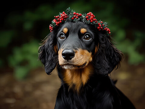 New Year and Christmas concepts with Gordon Setter dog adorned in headband with red deer antlers . A vivid, high-detail Christmas scene. 3D rendering.