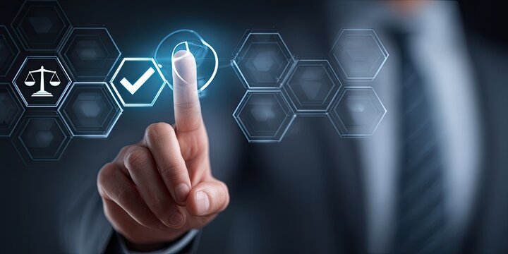 A hand touches a digital interface, selecting an option.  A series of hexagonal icons are displayed, including a balance scale and a checkmark.  Business attire is visible