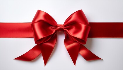 Fototapeta premium A Classic Red Satin Bow With Symmetrical Loops And Long Ribbons On White Background Horizontal Composition Featuring Luxurious Sheen And Delicate Folds Suggesting Festive Elegance