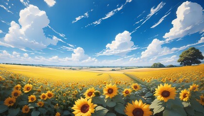 Fototapeta premium Anime Sunflower Field Stretching To The Horizon With A Bright Blue Sky And Fluffy White Clouds Overhead