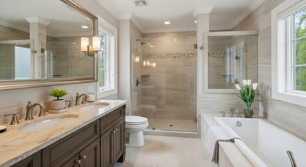 Fototapeta premium Luxurious modern bathroom featuring a large mirror, double vanity, walk-in shower, soaking tub, and natural light