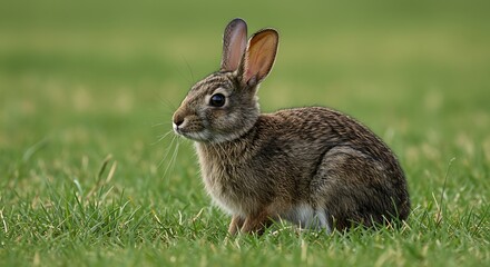 Fototapeta premium Rabbit resting in a green grassy field under natural daylight