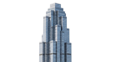 Tall modern glass skyscraper with stepped architecture building cutout PNG isolated on a transparent background