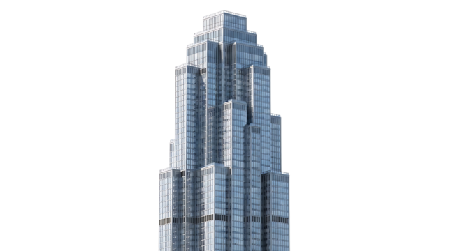 Tall modern glass skyscraper with stepped architecture building cutout PNG isolated on a transparent background