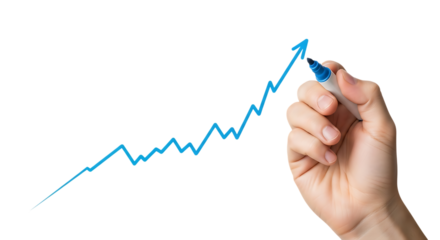 Hand drawing an upward trending blue line graph with a marker graphic design cutout PNG isolated on a transparent background