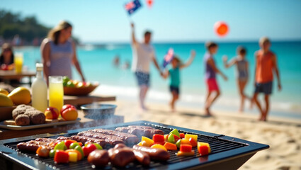 Summer Vibe Barbecue Party on Beach Grill with Sausage and Veggies