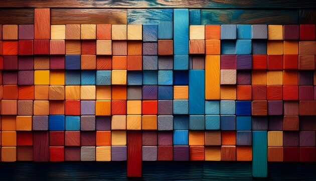 colorful wooden blocks aligned wide format hand edited generative ai
