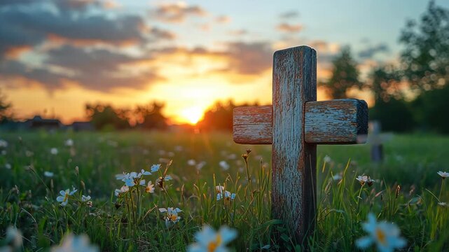 Eternal Rest: A serene moment of reflection in a field of daisies, a weathered wooden cross stands as a poignant symbol against a sunset. Reflecting on remembrance, peace, and faith.