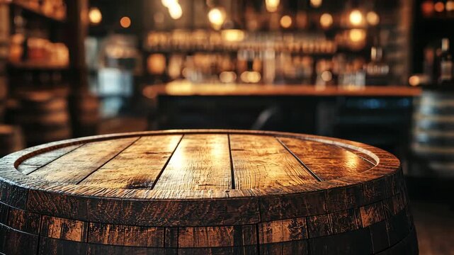 Vintage Wooden Barrel in a Bar: A rustic wooden barrel table takes center stage, offering a warm and inviting space within the soft glow of a classic bar environment.