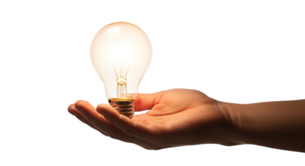 Hand Holding a Glowing Incandescent Light Bulb Against a Dark Background graphic design cutout PNG isolated on a transparent background