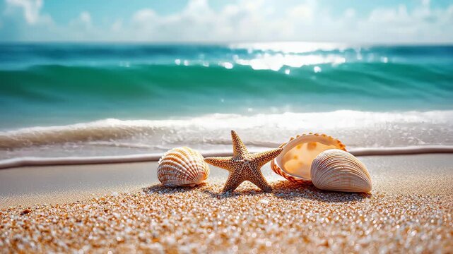 Seashells and Starfish on Sandy Beach: A close-up shot of seashells and a starfish on the beach, with the bright blue ocean in the background, evoking the serenity of a beach day. 