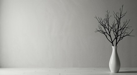 A clean minimalist room features a sleek white ceramic vase holding bare black tree branches against a light gray textured wall and wooden floor.
