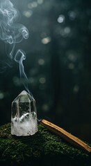 A luminous clear quartz crystal point stands next to a smoldering Palo Santo stick on a bed of vibrant green moss, enveloped by swirling white smoke and soft bokeh light in a mystical forest setting.