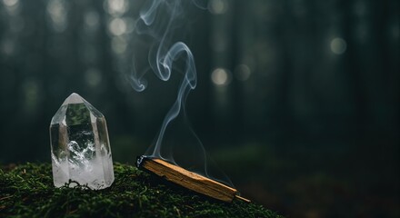 A clear quartz crystal and a smoldering Palo Santo stick producing ethereal smoke rest on vibrant green moss within a serene, blurred forest setting.