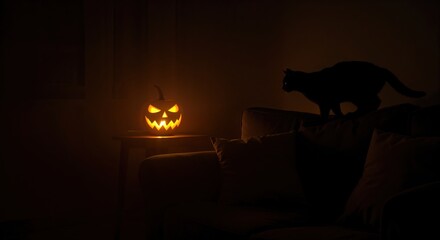 A glowing jack-o'-lantern with a scary face sits on a table next to a dark sofa where a black cat is silhouetted in a moody, dimly lit room.
