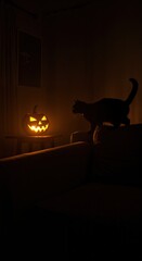 A black cat watches a glowing jack-o'-lantern on a table in a dimly lit room, creating a mysterious and festive Halloween atmosphere.