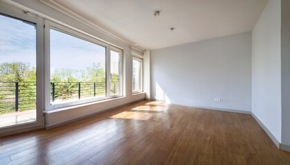 Obraz premium bright and spacious empty room with large window and wooden floor in modern design