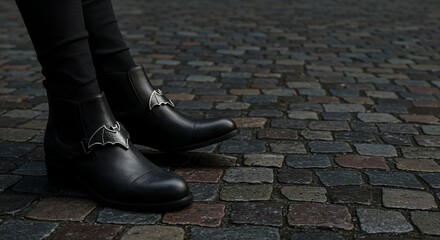 An individual wears fashionable black ankle boots featuring metallic bat-shaped buckles while standing on a rustic cobblestone pavement with varied textures.