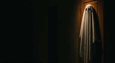 A white sheet ghost figure with dark eyeholes hangs on a wooden door in a dimly lit, dark room, creating a spooky and mysterious atmosphere with dramatic shadows.