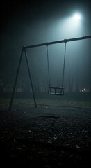 An empty swing set stands alone in a misty park at night, illuminated by a bright overhead light creating an eerie and mysterious atmosphere.