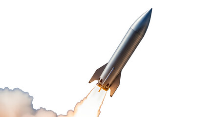 Silver rocket ship launching with smoke and fire trails on a white background spaceship space cutout PNG isolated on a transparent background