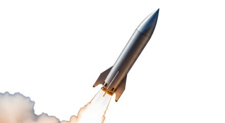 Silver rocket ship launching with smoke and fire trails on a white background spaceship space cutout PNG isolated on a transparent background