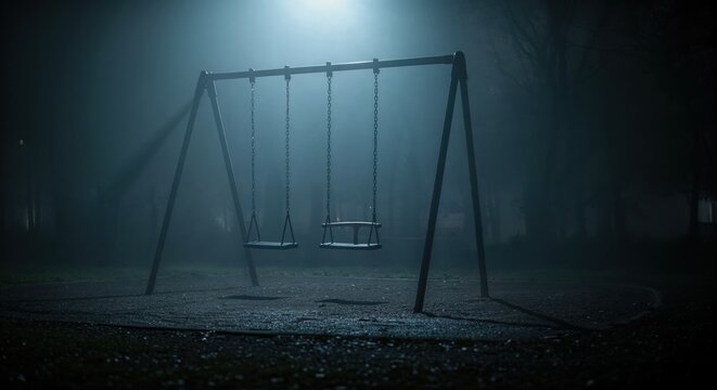 A desolate swing set stands empty in a foggy park at night, illuminated by a single bright streetlamp, creating an eerie and mysterious atmosphere.