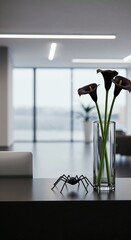 A modern office interior features a black plastic spider and dark calla lilies in a clear vase on a dark counter with bright ceiling lights.
