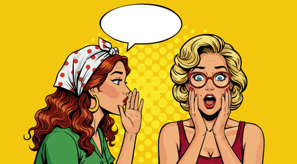 Pop Art Women Gossiping: One Whispering a Secret to Her Shocked Friend