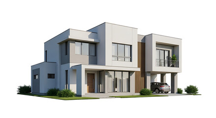 Modern two-story house with a car and landscaping home architecture cutout PNG isolated on a transparent background