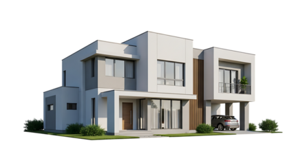 Modern two-story house with a car and landscaping home architecture cutout PNG isolated on a transparent background
