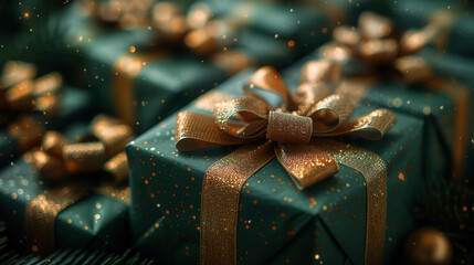 Luxury monochrome style green gift box adorned with sparkling golden pinecone and red ribbon, surrounded Christmas, Glitter Gift Box with Ribbon on Sparkling Background