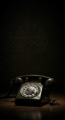A vintage dark rotary dial telephone sits on a wooden surface next to a black toy spider, illuminated by dramatic low-key lighting against a patterned dark background with ample copy space.