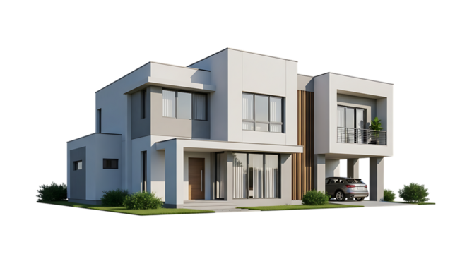 Modern two-story house with a car and landscaping home architecture cutout PNG isolated on a transparent background