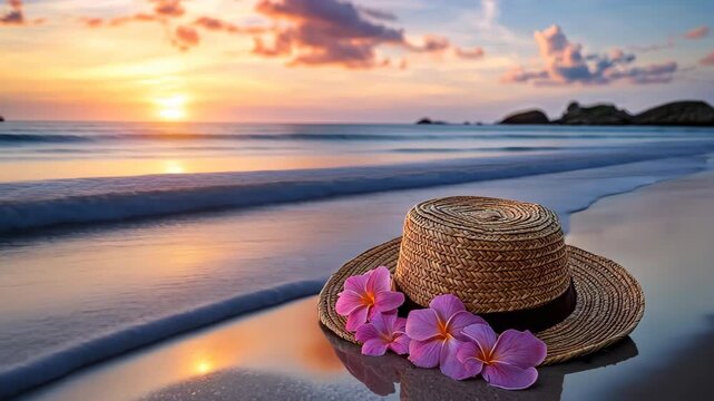 Beachside Serenity: A sun hat adorned with delicate blossoms rests gracefully upon the tranquil sands of a tropical beach, as the sun dips towards the horizon in a display of colors. 