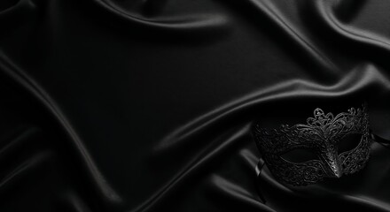 A single ornate black masquerade mask rests elegantly on dark luxurious satin fabric with soft folds and shimmering reflections, offering ample copy space.