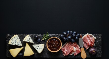 An elegant overhead display of gourmet cheese wedges, folded prosciutto, dark grapes, sweet fig jam, and a knife on a textured black slate board with ample copy space.