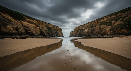 Dramatic coastal landscape sandy beach cliffs and cloudy sky