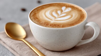 Close-up of a cappuccino in a ceramic mug with heart-shaped latte art, accompanied by a golden spoon on a linen napkin