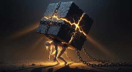 Surreal artwork of man carrying giant cracked black cube with glowing light, symbol of burden, struggle, resilience, strength, hardship, surreal fantasy illustration and dramatic conceptual background